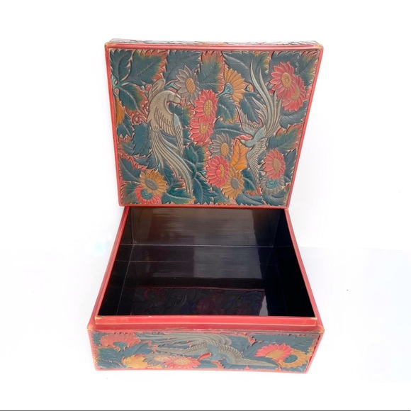 Vintage 50s Keepsake Asian Bird Flower Wood Box